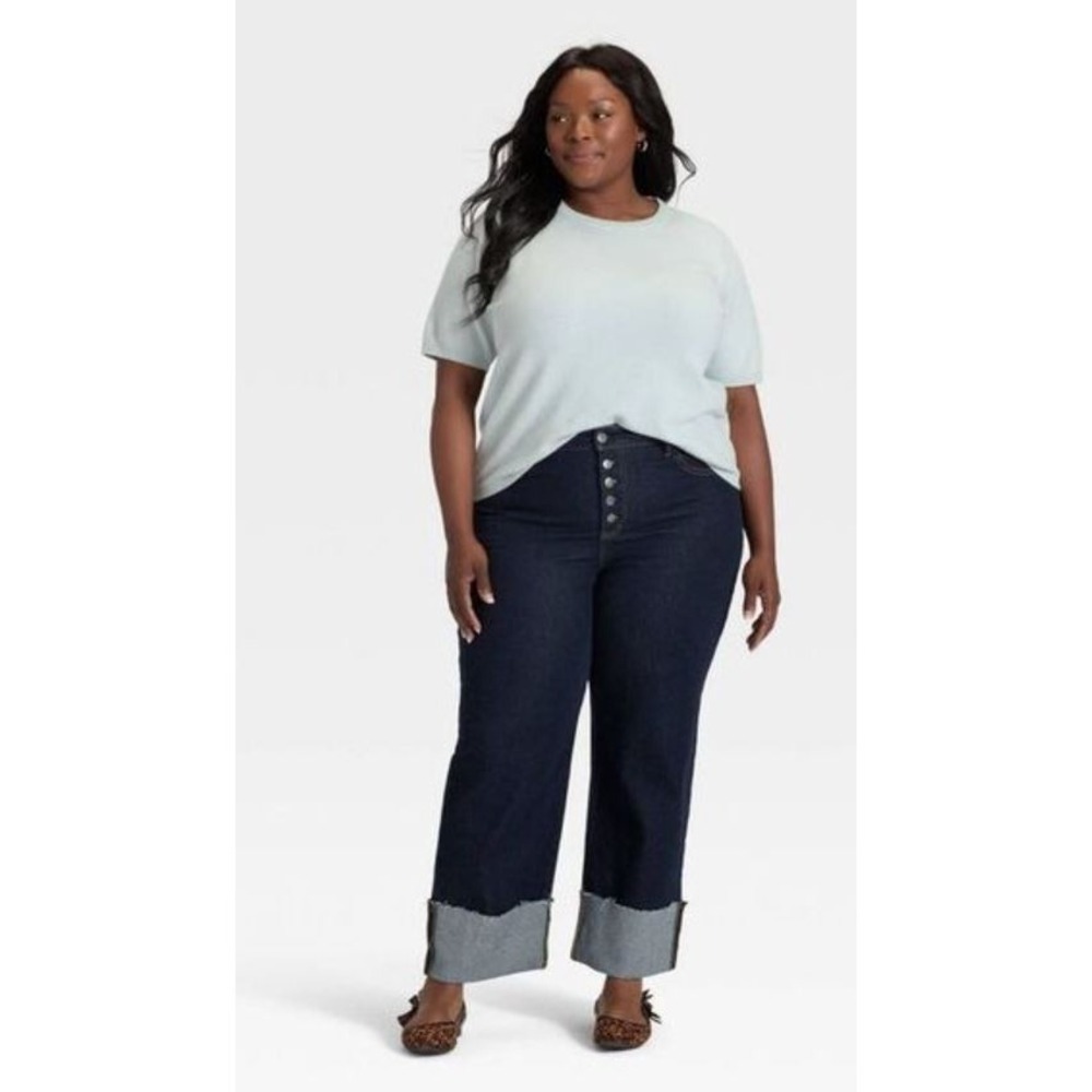 Ava & Viv Women's High-Rise Button Fly Cuffed Straight Jeans Dark Wash Size 17